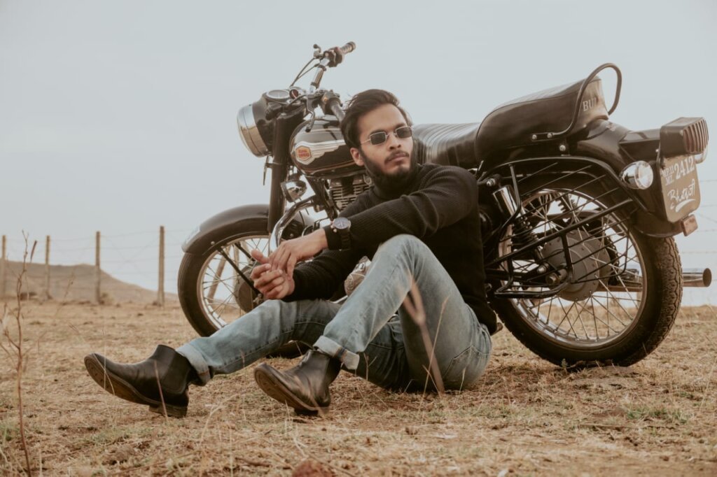 Stylish Kurta Pajama Punjabi Outfit for Bike Photoshoot